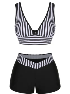 Discount Retro Stage 1950s Stripe Binding V-Neck Swimsuit Black