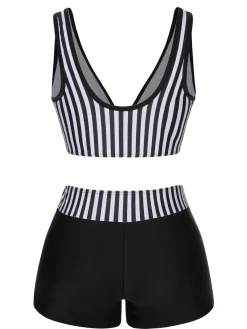 Discount Retro Stage 1950s Stripe Binding V-Neck Swimsuit Black