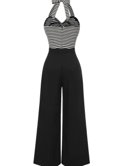 Sale Retro Stage 1960s Stripe Knit Patchwork Halter Jumpsuit Black