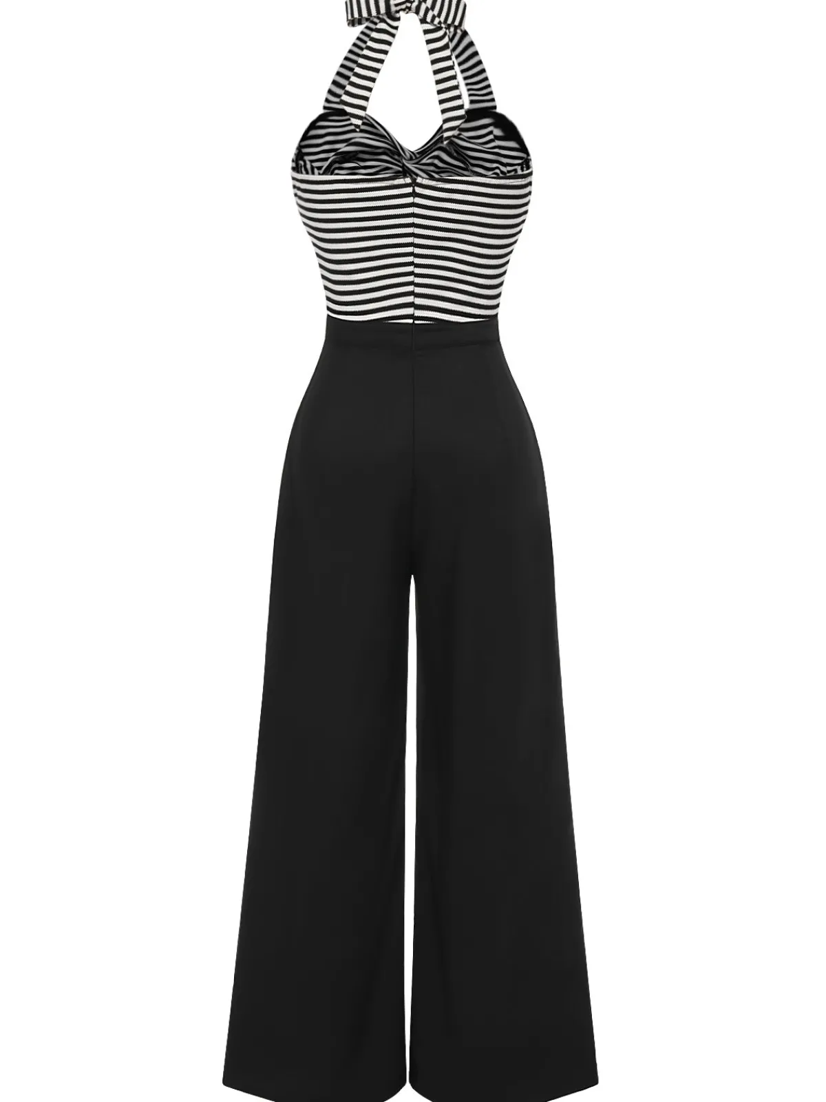 Sale Retro Stage 1960s Stripe Knit Patchwork Halter Jumpsuit Black