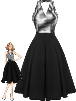 Hot Retro Stage 1950s Stripe Lapel Halter Patchwork Dress Black