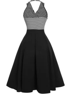 Hot Retro Stage 1950s Stripe Lapel Halter Patchwork Dress Black
