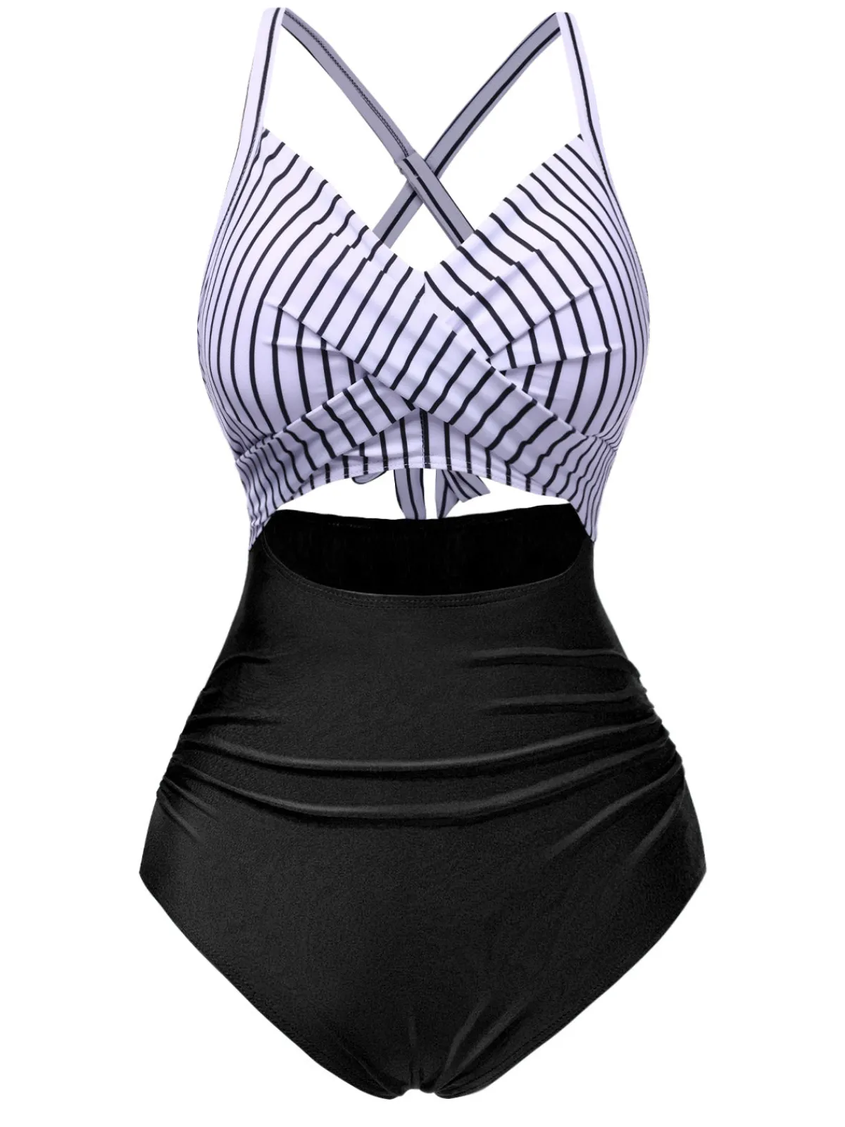 Best Retro Stage Black 1940s Stripe Patchwork Hollow One-Piece Swimsuit
