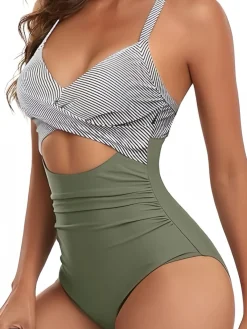 Best Retro Stage Black 1940s Stripe Patchwork Hollow One-Piece Swimsuit