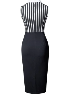 Fashion Retro Stage 1960s Striped Patchwork Lapel Pencil Dress Black