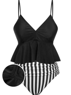 Hot Retro Stage 1950s Striped Printed Separate Swimsuit Black