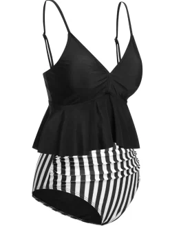 Hot Retro Stage 1950s Striped Printed Separate Swimsuit Black