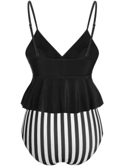 Hot Retro Stage 1950s Striped Printed Separate Swimsuit Black