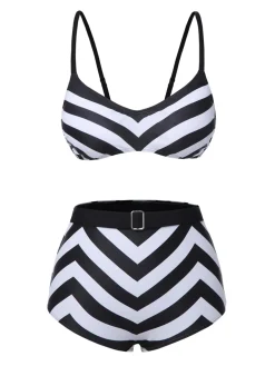 Clearance Retro Stage 1950s Striped Spaghetti Strap Swimsuit Black