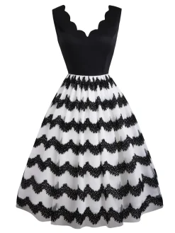Outlet Retro Stage 1950s Striped Swing Dress Black