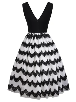 Outlet Retro Stage 1950s Striped Swing Dress Black
