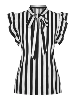 Clearance Retro Stage 1930s Striped Tie Collar Ruffle Sleeves Blouse Black