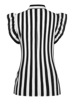 Clearance Retro Stage 1930s Striped Tie Collar Ruffle Sleeves Blouse Black