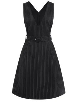 Hot Retro Stage 1960s Striped V-Neck Belted Dress Black