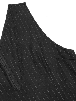 Hot Retro Stage 1960s Striped V-Neck Belted Dress Black