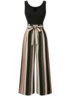 Best Retro Stage Black 1950s Stripes Knitted Belted Jumpsuit
