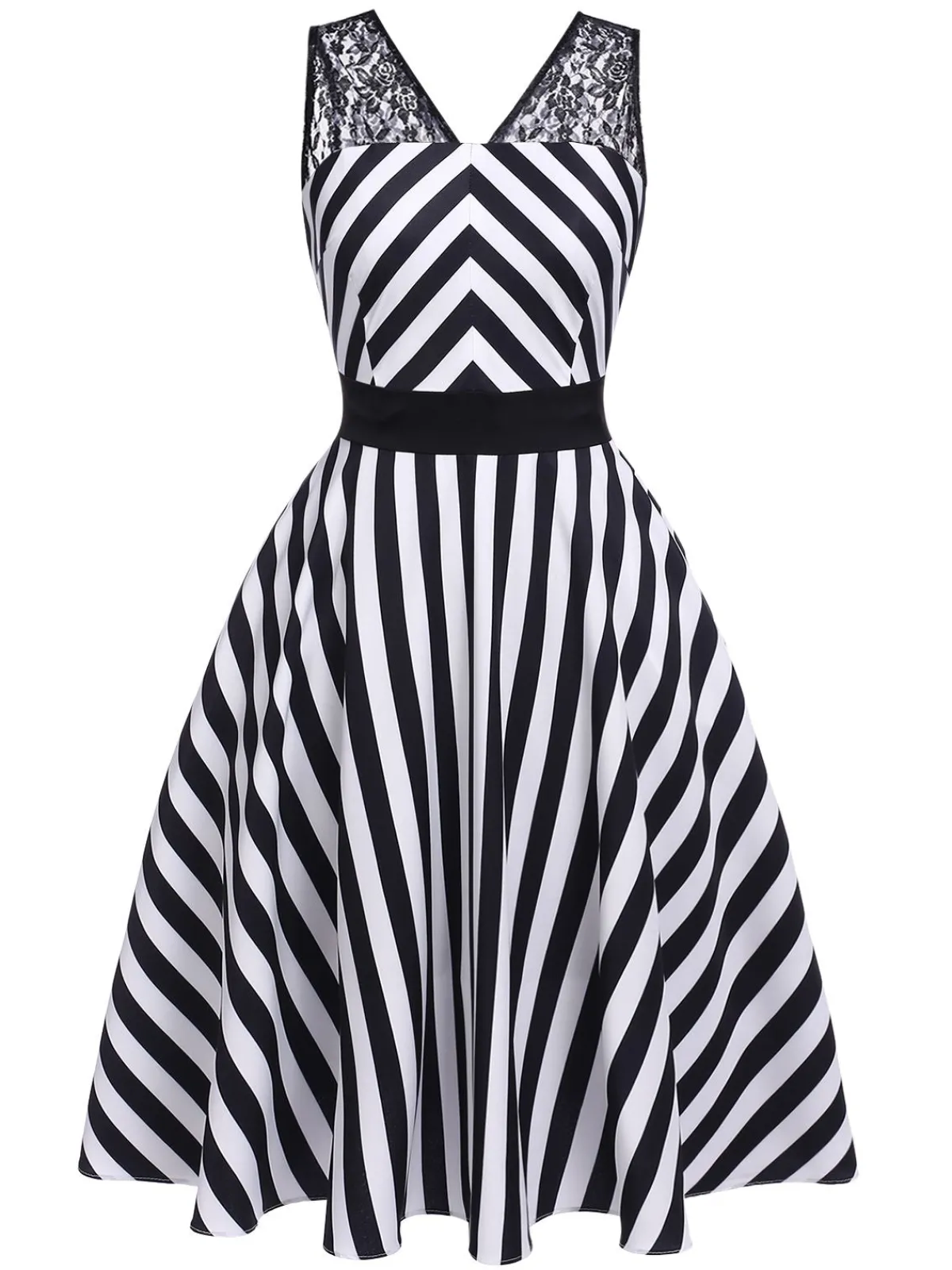 Clearance Retro Stage 1950s Stripes Lace Swing Dress Black