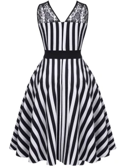 Clearance Retro Stage 1950s Stripes Lace Swing Dress Black