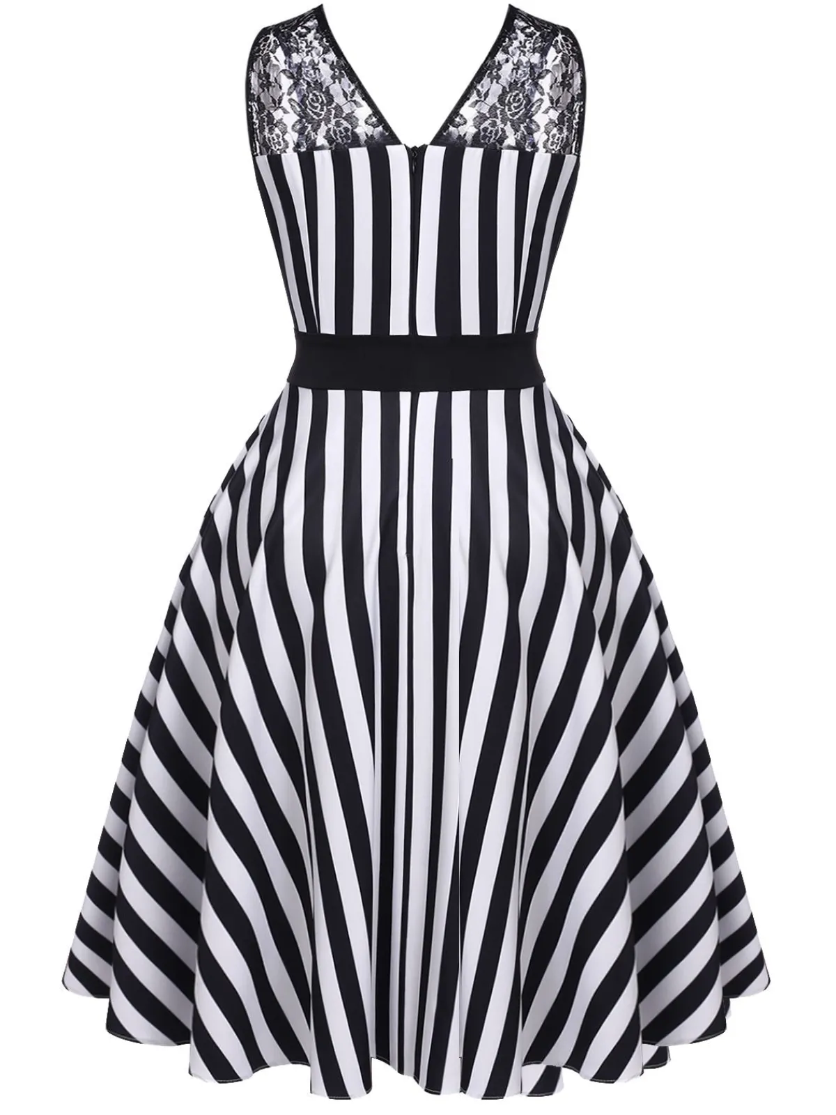 Clearance Retro Stage 1950s Stripes Lace Swing Dress Black