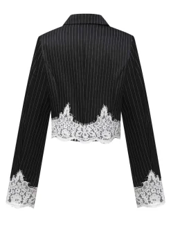 Discount Retro Stage 1950s Stripes Lace Trim Cropped Blazer Black
