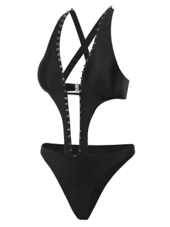 Fashion Retro Stage 1970s Studded Cutout One-Piece Swimsuit Black