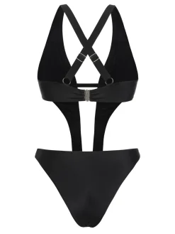 Fashion Retro Stage 1970s Studded Cutout One-Piece Swimsuit Black