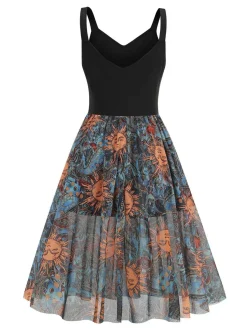 Online Retro Stage 1950s Sun Face Print Sleeveless A-line Dress Black