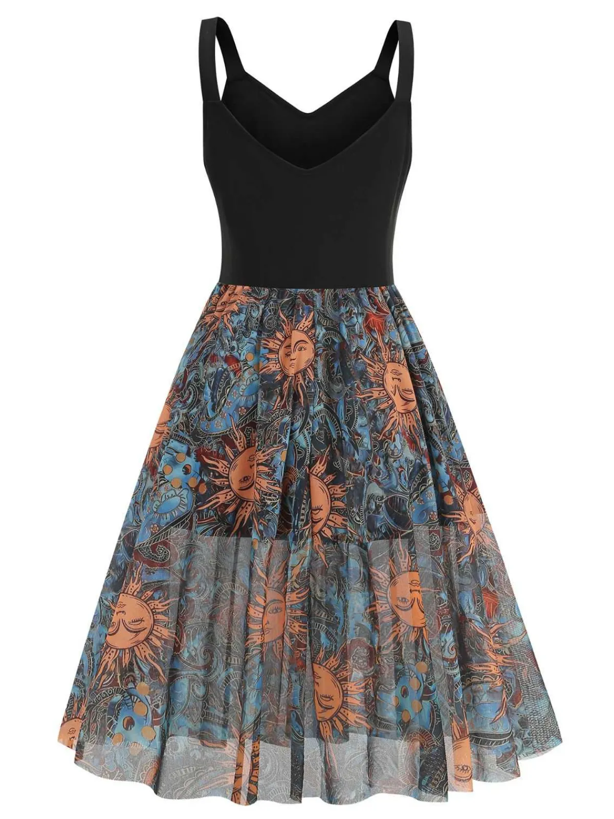 Online Retro Stage 1950s Sun Face Print Sleeveless A-line Dress Black