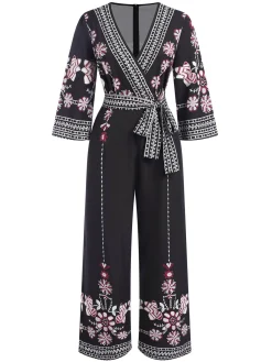 Discount Retro Stage 1970s Surplice V-Neck Floral Jumpsuit Black