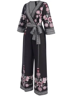 Discount Retro Stage 1970s Surplice V-Neck Floral Jumpsuit Black