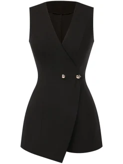 Discount Retro Stage 1950s Surplice V-Neck Sleeveless Romper Black