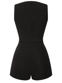 Discount Retro Stage 1950s Surplice V-Neck Sleeveless Romper Black