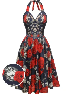 Best Retro Stage Black 1950s Sweetheart Skeleton Rose Swing Dress Black & Red