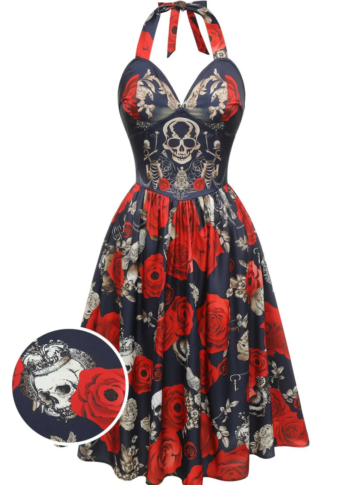 Best Retro Stage Black 1950s Sweetheart Skeleton Rose Swing Dress Black & Red