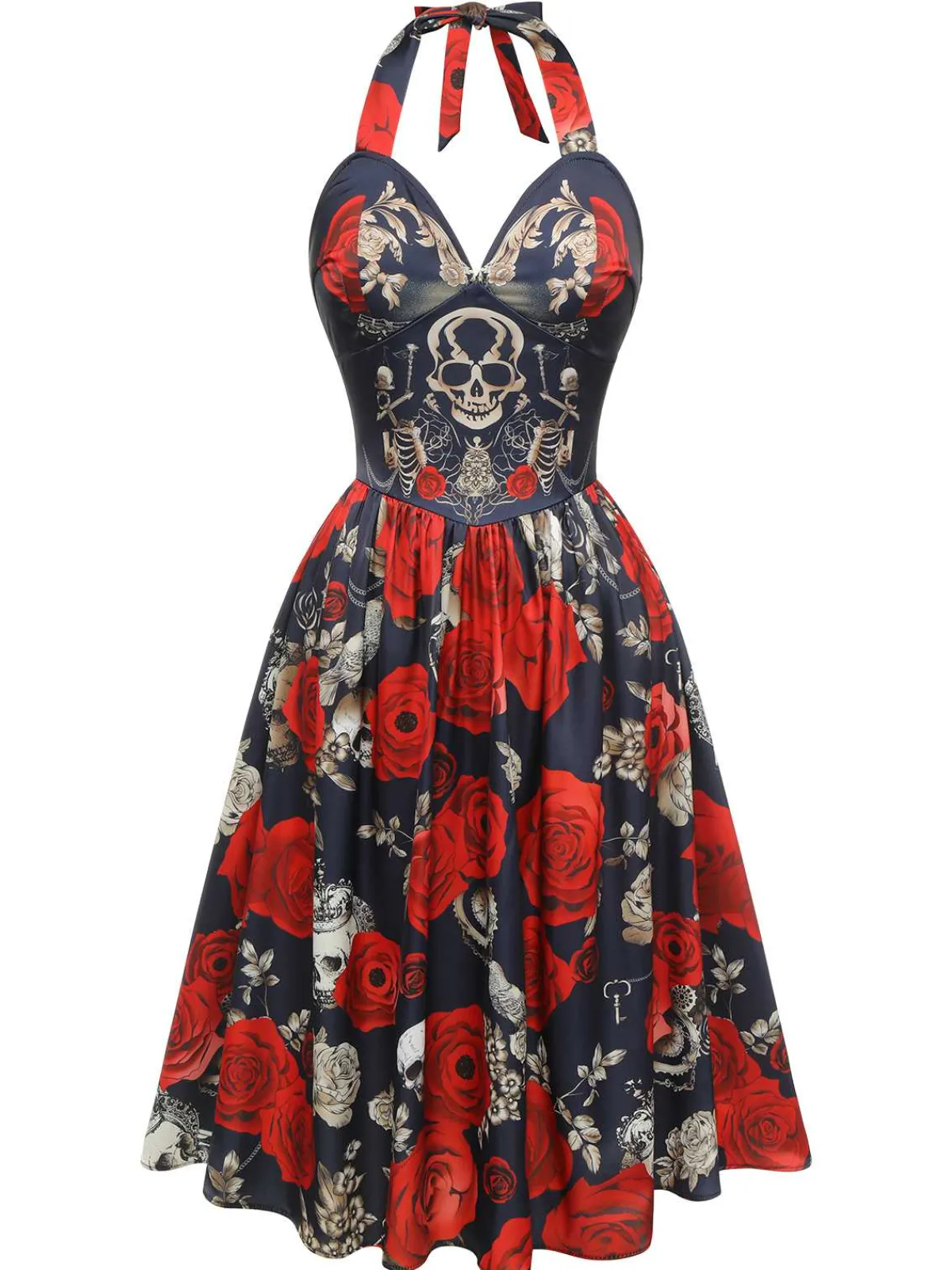 Best Retro Stage Black 1950s Sweetheart Skeleton Rose Swing Dress Black & Red