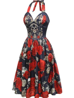 Best Retro Stage Black 1950s Sweetheart Skeleton Rose Swing Dress Black & Red