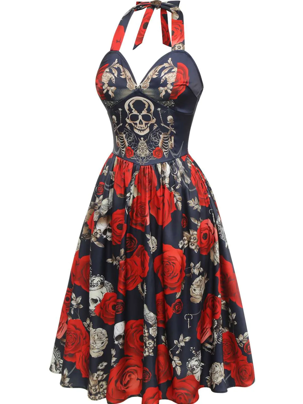 Best Retro Stage Black 1950s Sweetheart Skeleton Rose Swing Dress Black & Red