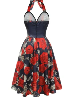 Best Retro Stage Black 1950s Sweetheart Skeleton Rose Swing Dress Black & Red