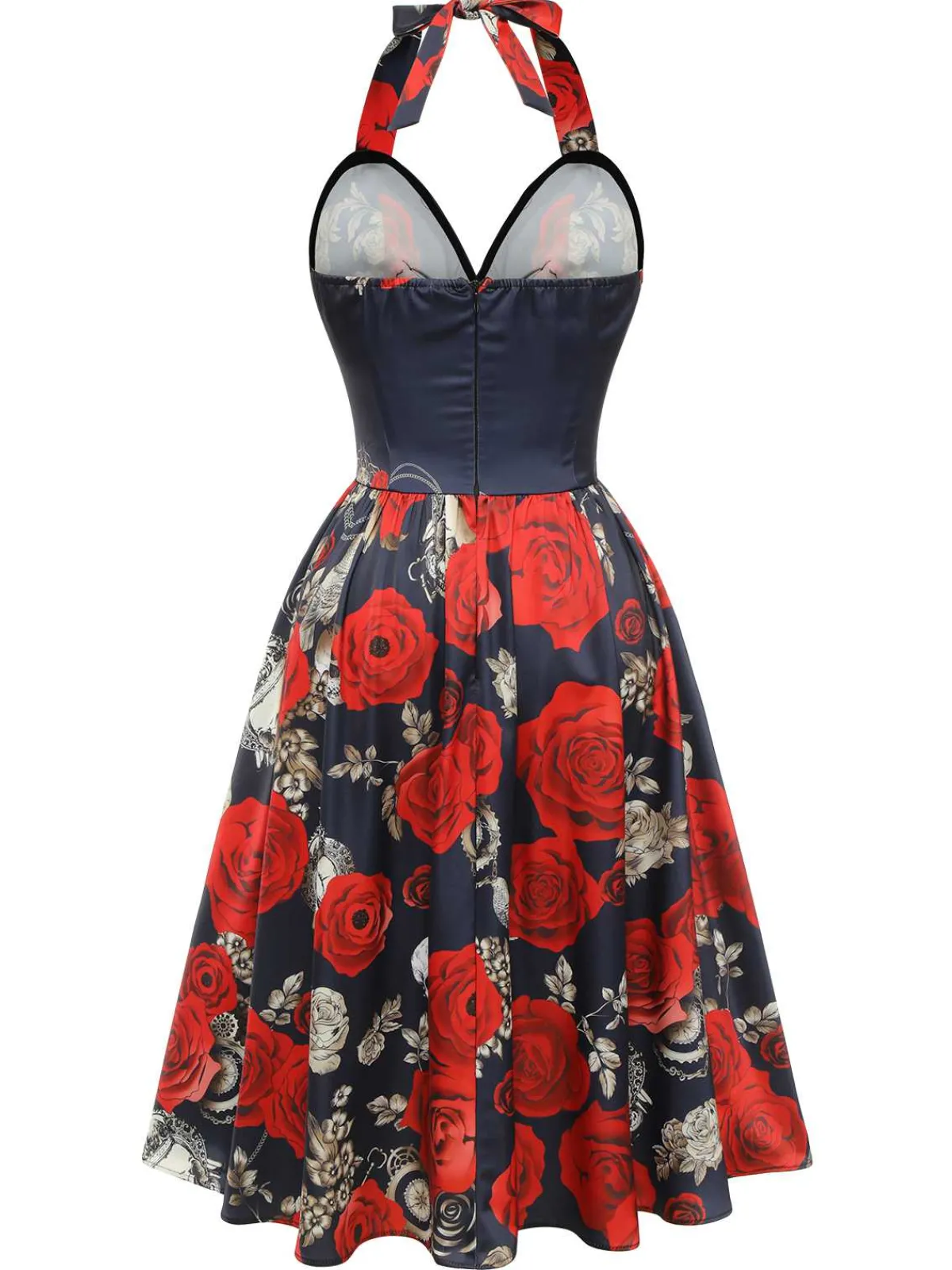 Best Retro Stage Black 1950s Sweetheart Skeleton Rose Swing Dress Black & Red