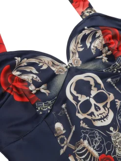 Best Retro Stage Black 1950s Sweetheart Skeleton Rose Swing Dress Black & Red