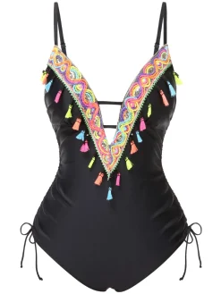 Clearance Retro Stage 1970s Tassel Embroidered Strappy Swimsuit Black