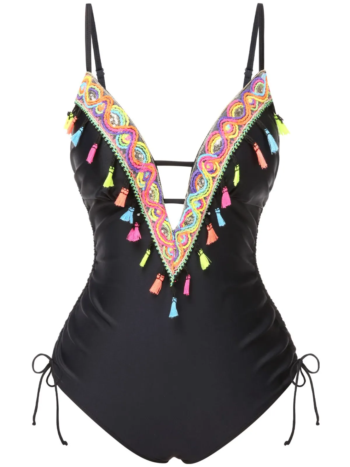 Clearance Retro Stage 1970s Tassel Embroidered Strappy Swimsuit Black