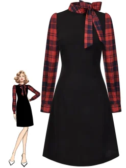 Hot Retro Stage 1960s Tie Neck Plaids Bow Dress Black