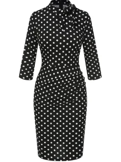Outlet Retro Stage 1960s Tie Neck Polka Dots Dress Black