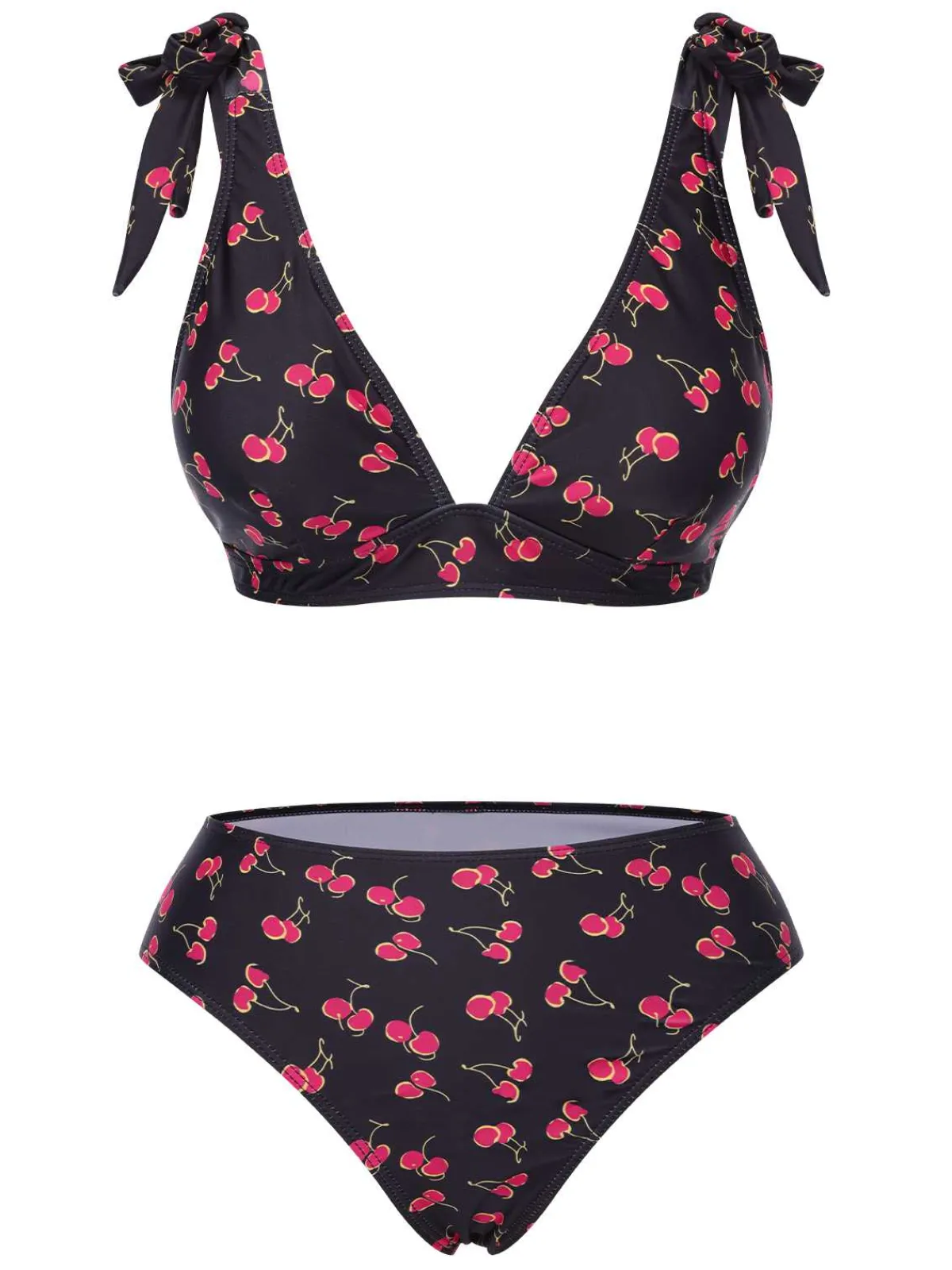 Outlet Retro Stage 1960s Tie Strap Cherry Swimsuit Black