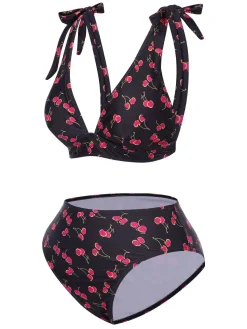 Outlet Retro Stage 1960s Tie Strap Cherry Swimsuit Black