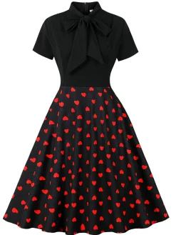 Fashion Retro Stage 1950s Tie-Neck Heart Dots Dress Black