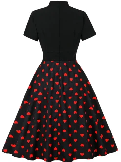 Fashion Retro Stage 1950s Tie-Neck Heart Dots Dress Black