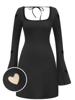 Discount Retro Stage 1960s Trumpet Sleeve Hollow Heart Dress Black