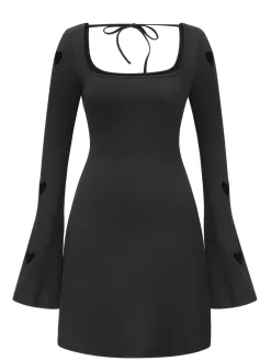 Discount Retro Stage 1960s Trumpet Sleeve Hollow Heart Dress Black